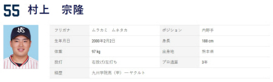 야쿠르트 스왈로스의 무라카미 무네타카. NPB 홈페이지 캡처