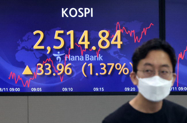 11일 오전 코스피가 ‘미국발 물가 정점론’에 힘입어 2510 선을 단숨에 회복한 가운데 서울 중구 하나은행 본점 딜링룸 전광판에 뜬 코스피 지수가 2514.84를 나타내고 있다.  연합뉴스