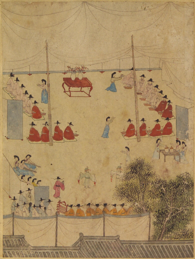 1 선묘조제재경수연도 제3폭 수친계회, 지본채색, 세로 32.7㎝, 가로 24.5㎝, 홍익대박물관.