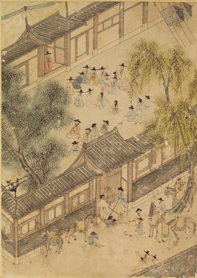 3 선묘조제재경수연도 제1폭 대문 정경, 지본채색, 세로 32.5㎝, 가로 23㎝, 홍익대박물관.