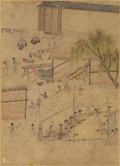 4 선묘조제재경수연도 제2폭 조찬소, 지본채색, 세로 33㎝, 가로 23㎝, 홍익대박물관.