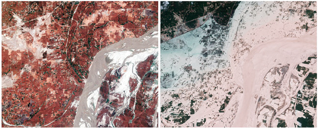 미국 상업위성업체 맥사 테크놀로지가 파키스탄 펀자브주 동부 인더스강을 촬영해 공개한 사진에서 3월 24일(왼쪽)과 달리 8월 28일(오른쪽)에는 비구름이 하늘을 뒤덮고 있다. 6월 중순부터 석 달째 폭우가 계속되고 있는 파키스탄에서는 홍수로 인한 사망자가 1000명을 넘어섰다. AP 연합뉴스