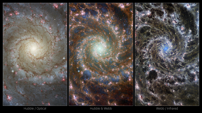 나사(미 항공우주국)와 유럽우주국(ESA)이 29일 공개한 허블 우주망원경과 제임스웹 우주망원경(JWST)이 촬영한 ‘유령 은하’ M74 나선은하 사진. 자외선과 가시광선 대역을 주로 관측하는 허블 망원경이 촬영한 왼쪽 사진에 비해 적외선 관측 위주인 JWST가 촬영한 오른쪽 사진은 은하 중심이 파란색이다. 가운데 사진은 허블과 JWST 관측 사진을 합성한 것으로, 새로운 별과 먼지·가스 등이 훨씬 선명하게 보인다. M74는 지구에서 약 3000만 광년 떨어져 있으며, 현재 초속 793㎞ 속도로 지구와 멀어지고 있다.  UPI 연합뉴스