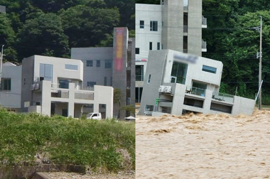 하천변에 건축돼 있던 경북 포항의 한 풀빌라(왼쪽 사진)가 6일 불어난 수량에 지반이 침식되자 통째로 물에 잠겨 있다(오른쪽 사진). 네이버 지도 거리뷰·온라인 커뮤니티 캡처