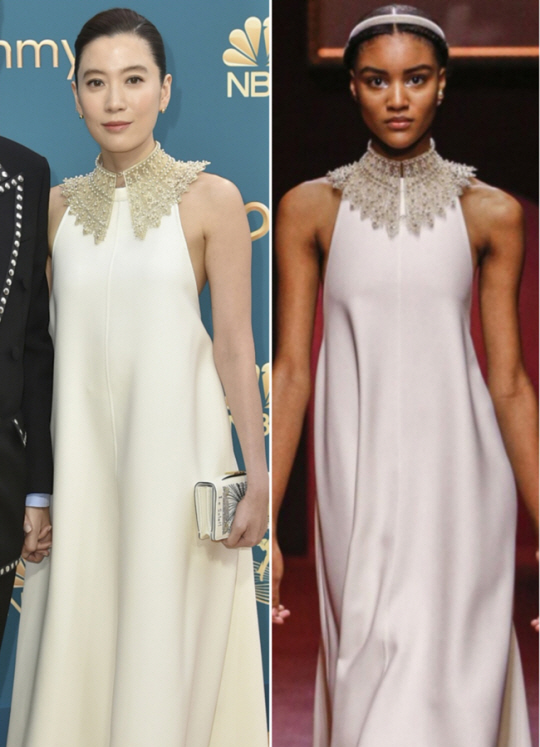 지난 12일 미국 캘리포니아주 로스앤젤레스 마이크로소프트 극장에서 열린 제74회 에미상 시상식에 참석한 임세령(왼쪽 사진) 대상그룹 부회장. 오른쪽사진은 3월 1일 열린 크리스챤 디올 FW 2022 패션쇼 모습. AP뉴시스·크리스챤 디올 꾸뛰르 홈페이지 캡처