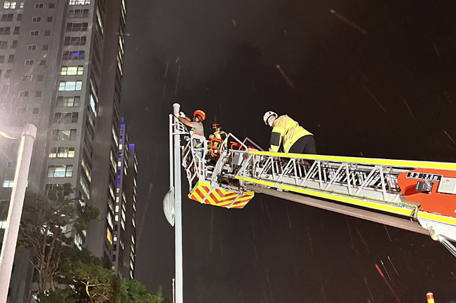 제14호 태풍 ‘난마돌’의 북상으로 18일 오후 7시 59분쯤 경남 김해시 부원동 가로등 램프가 쓰러져 소방대원이 안전조치하고 있다. 경남소방본부 제공