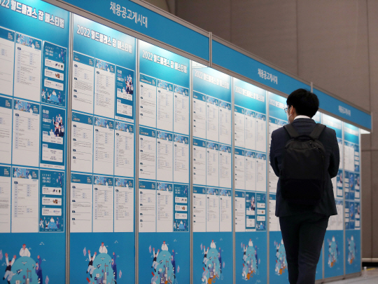 지난 19일 서울 강남구 코엑스에서 열린 중소·중견기업 특화 채용박람회 ‘2022 월드클래스 잡 페스티벌’을 찾은 구직자가 채용공고게시대를 보고 있다. 뉴시스