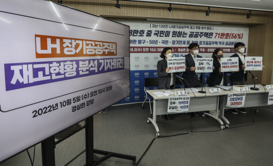 경제정의실천연합 관계자들이 5일 오전 서울 종로구 경실련 사옥에서 LH 장기공공주택재고 현황 분석 발표 기자회견에 앞서 피켓을 들고 서 있다. 뉴시스