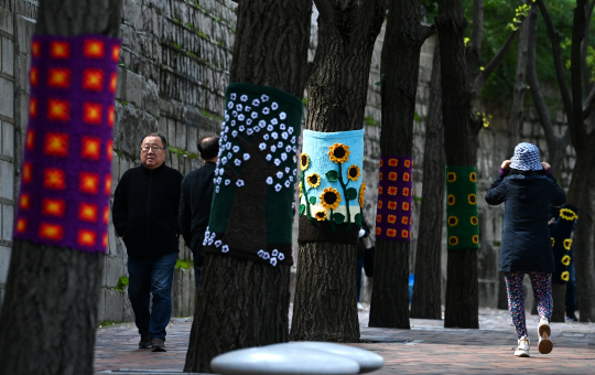 10일 서울 중구 덕수궁 돌담길 가로수에 형형색색의 뜨개옷이 입혀져 있다.