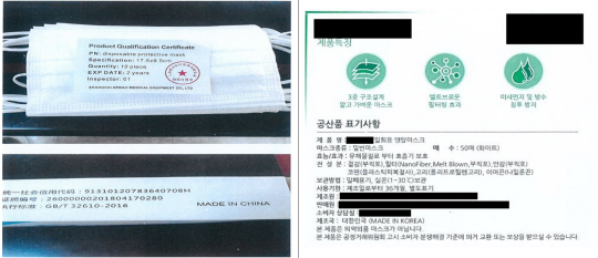 수입 당시 마스크 사진(왼쪽)과 국산 제품으로 속인 재포장지(오른쪽)관세청 제공