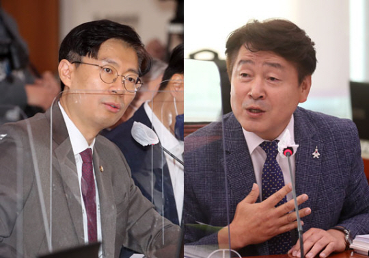 [서울=뉴시스] 김선웅 기자 = 조정훈(왼쪽 사진) 시대전환 의원과 기동민(오른쪽) 더불어민주당 의원이 18일 서울 영등포구 국회에서 열린 국회 법제사법위원회 국정감사에서 설전을 벌이고 있다. 국회사진기자단