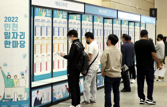 지난달 인천시 연수구 송도컨벤시아에서 열린 ‘2022 인천 일자리 한마당’에서 구직자들이 채용공고 게시판을 살펴보고 있다. 연합뉴스
