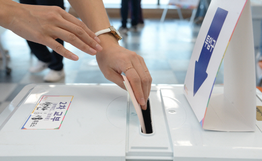 제8회 전국동시지방선거일인 지난 6월 1일 울산 남구청별관에 마련된 삼산제8투표소에서 한 유권자가 투표에 참여하고 있다. 뉴시스