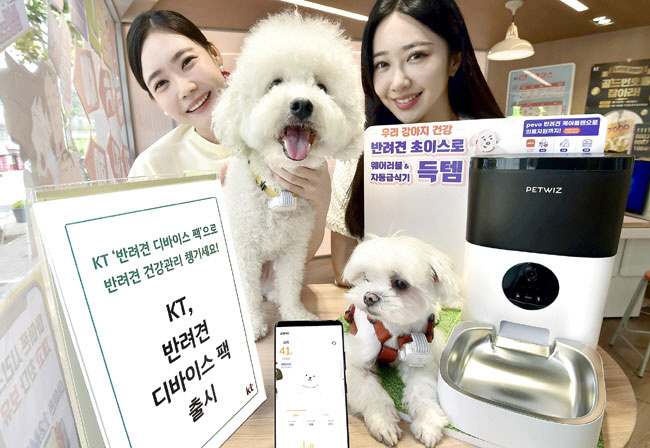 KT 모델들이 반려견 활동량을 분석하는 사물인터넷(IoT) 웨어러블과 급식량을 조절하는 자동 급식기 등 디바이스 2종을 묶은 ‘반려견 디바이스팩’을 소개하고 있다.  KT 제공