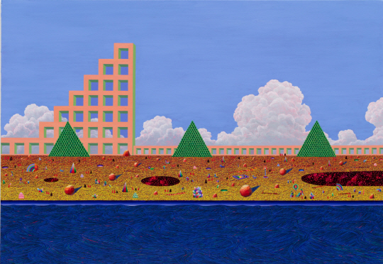 안두진, (쿵! 쿵! 쿵!)-(닮은 것과 닮은 꼴)-(  ), 112x160cm, 캔버스에 오일과 아크릴, 2022. 이화익갤러리 제공.