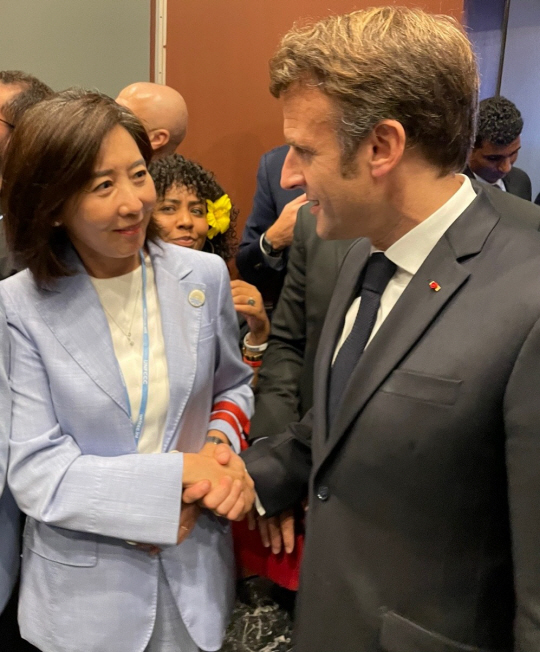 나경원 기후환경대사(왼쪽)가 지난 8~9일(현지시간) 이집트 샤름 엘 셰이크에서 열린 COP27 정상회의 참석 계기 에마뉘엘 마크롱 프랑스 대통령과 만나 대화하고 있다. 나경원 페이스북