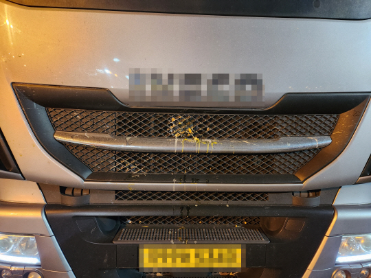 계란 세례를 받은 비노조원 화물차량. 부산경찰청 제공