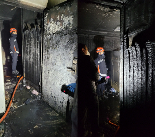 31일 오전 4시 11분쯤 부산 사상구 5층 주택에서 화재가 발생해 20대 남녀 2명이 심정지 상태로 발견됐다. 사진은 화재가 발생한 주상복합건물 내부. 부산경찰청 제공