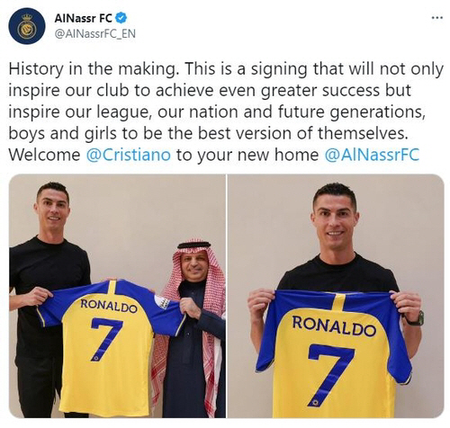 호날두와의 계약을 알리는 알나스르 트위트. 알나스르 트위터 캡처