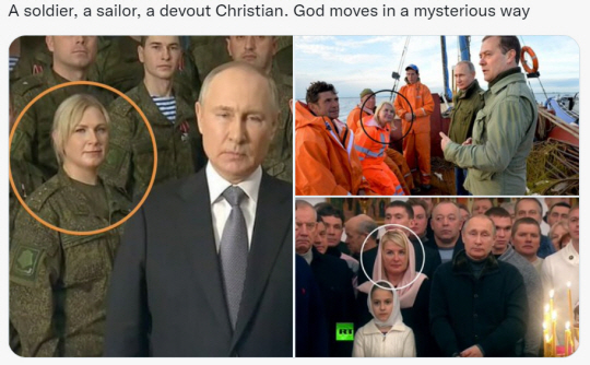 벨라루스 출신 언론인 타데우시 긱잔이 지적한 블라디미르 푸틴 러시아 대통령의 사진 속 의문의 여성(원 표시). 긱잔 트위터 계정 캡처