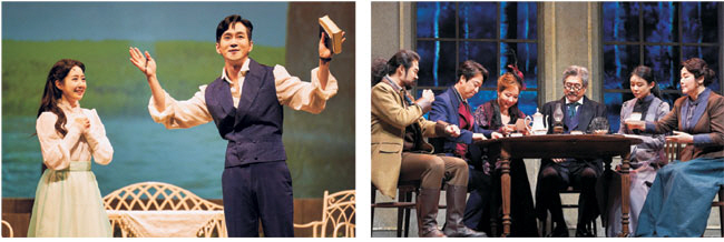 연극 ‘갈매기’의 장면들. 배우를 꿈꿨던 젊은이 니나(왼쪽 사진의 왼쪽, 배우 진지희)는 유명 작가 뜨리고린(〃 오른쪽, 배우 권해성)에게 버림받고 망가진다.  VAST엔터테인먼트 제공