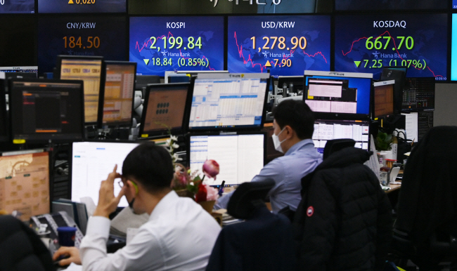 ‘1월 효과’가 무색할 정도로 코스피가 약세를 면치 못하는 가운데, 4일 오전 서울 중구 하나은행 본점 딜링룸 전광판에 장중 2200선 아래로 떨어진 주가지수가 표시돼 있다.  박윤슬 기자