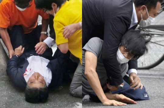 지난해 7월 8일 일본 나라현 나라시에서 참의원 선거를 앞두고 선거 유세 연설 중이던 아베 신조(왼쪽 사진) 전 일본 총리가 총격을 받고 쓰러진 직후 용의자 야마가미 데쓰야(오른쪽 〃)가 현장에서 붙잡히고 있다. AP·연합뉴스·뉴시스