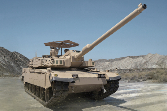 중동 수출용으로 제작된 K2 흑표전차 사막형. 아랍에미리트(UAE)를 비롯한 이집트, 오만, 사우디아라비아 등 중동 국가 수출이 기대된다. 현대로템 제공