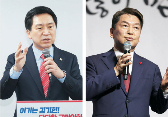 김기현(왼쪽 사진) 국민의힘 의원이 지난 9일 서울 여의도 당대표 선거 캠프 개소식에서, 같은 날 당대표 출마 선언을 한 안철수(오른쪽 〃) 의원은 경남 창원컨벤션센터에서 열린 경남도당 신년인사회에 참석해 각각 인사말을 하고 있다. 연합뉴스