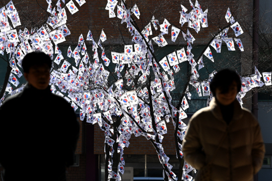 제104주년 삼일절을 사흘 앞둔 26일 서울 용산구 효창공원에 태극기 거리가 조성돼 있다. 효창공원은 백범 김구 선생과 삼의사(이봉창·윤봉길·백정기), 임정요인(이동녕·조성환·차리석) 등 7위 선열과 안중근 의사의 가묘가 있는 독립운동 성지로 의미가 깊은 곳이다.   문호남 기자