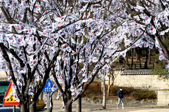제104주년 삼일절을 사흘 앞둔 26일 서울 용산구 효창공원에서 태극기가 바람에 펄럭이고 있다.   문호남 기자