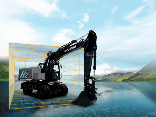 콘엑스포 2023에 전시되는 현대건설기계 15t 수소 휠굴착기의 이미지. 현대건설기계 제공