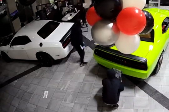 지난달 28일(현지시간) 미국 켄터키주 서머셋의 한 차량 판매장에서 절도범들이 번호판을 갈아끼우며 차량을 절도하고 있다. 트위터 캡처