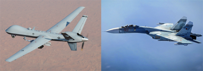 미군의 MQ-9(왼쪽)과 러시아군의 SU-27. 문화일보 자료사진·AP 뉴시스