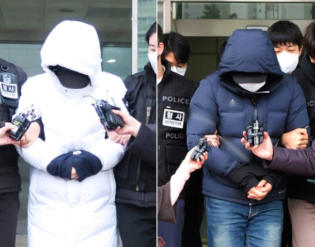지난 2월 16일 인천 논현경찰서와 미추홀경찰서에서 초등학교 5학년 아들을 학대하거나 숨지게 한 혐의를 받는 40대 계모와 30대 친부가 각각 검찰에 송치되고 있다. 뉴시스