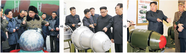 북한이 28일 각종 미사일에 탑재하는 핵탄두를 전격 공개해 한국과 미국을 겨냥한 핵위협을 극대화하고 있다. 왼쪽은 김정은 북한 국무위원장이 2016년 3월 9일 원형 핵탄두 추정 물체 앞에서 과학자들에게 지시하는 모습이고, 가운데는 2017년 9월 3일 장구 형태의 핵탄두에 대해 설명을 듣는 장면, 오른쪽은 28일 처음으로 공개된 실물 형태의 ‘화산-31’ 핵탄두 앞에서 현지지도를 하는 사진. 연합뉴스