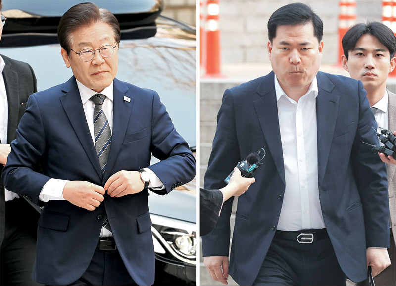 이재명(왼쪽 사진) 더불어민주당 대표와 유동규(오른쪽) 전 성남도시개발공사 기획본부장이 31일 오전 서울 서초구 서울중앙지법에서 열리는 이 대표 공직선거법상 허위사실공표 혐의 공판에 굳은 표정으로 출석하고 있다. 박윤슬 기자