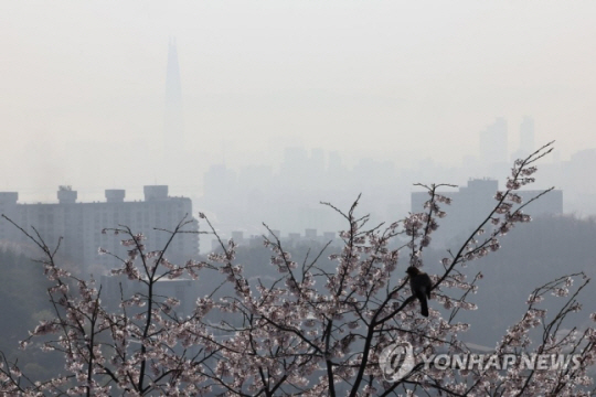 미세먼지 농도가 ‘나쁨’ 수준을 보인 31일 오전 서울 시내가 뿌옇다. 연합뉴스