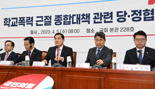 박대출(가운데) 국민의힘 정책위의장이 5일 오전 국회에서 열린 학교폭력 근절 종합대책 관련 당·정협의회에서 인사말을 하고 있다. 김동훈 기자