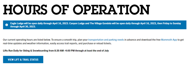 최소 7월말까지 스키와 스노보드를 위한 리프트를 운영한다고 밝힌 매머드 마운틴 스키장. 홈페이지 캡처