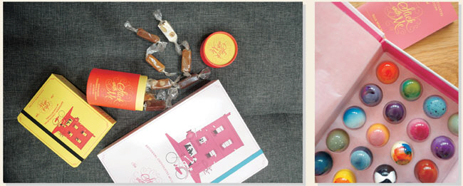 왼쪽 사진은 ‘스틱 위드 미 스위츠’에서 팔고 있는 누가와 캐러멜, 초코릿 태블릿. 포장 디자인은 영화 ‘그랜드 부다페스트호텔’에서 영감을 받아 디자인했다. 오른쪽은 다양한 색감과 맛의 초콜릿 봉봉.