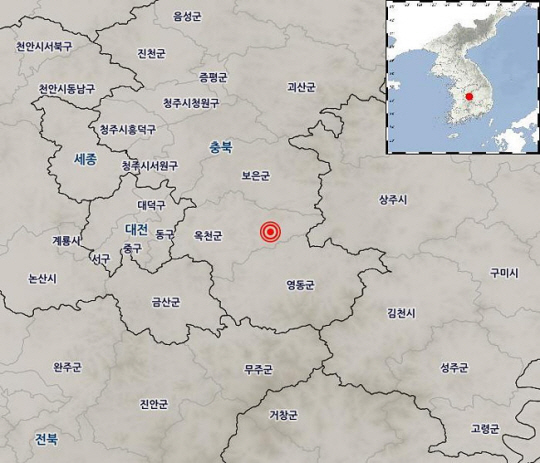 30일 오후 지진이 발생한 충북 옥천군 동쪽 16㎞ 지역(청성면) 위치도. 기상청 홈페이지 캡처