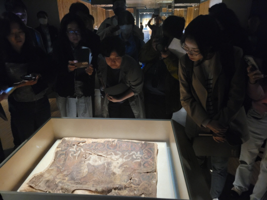 천마총 발굴 50주년을 기념한 특별전 ‘천마, 다시 만나다’에서 관람객들이 백화수피제 천마도 말다래를 자세히 보고 있다. 문화재청 제공