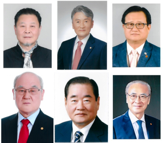 제23대 광복회장 선거 후보자. 윗줄 왼쪽부터 조인래, 이동진, 이형진 후보. 아랫줄 왼쪽부터 차창규, 이종찬, 장호권 후보. 광복회 제공