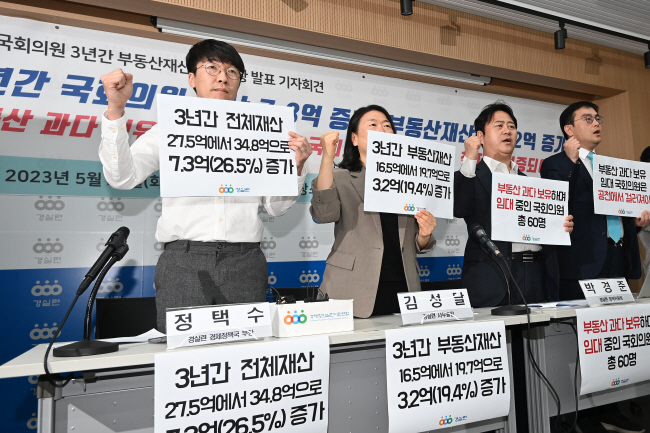 경제정의실천시민연합 회원들이 23일 오전 서울 종로구 경실련 사무실에서 ‘21대 국회의원 3년간 부동산 재산 증감 현황 발표’ 기자회견을 열고 있다.  백동현 기자