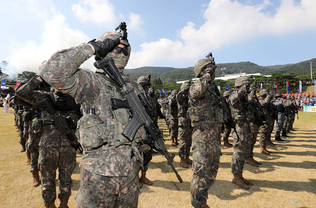 지난해 9월 29일 충남 계룡시 계룡대에서 열린 제74주년 국군의 날 미디어데이에서 군 장병들이 경례를 하고 있다. 뉴시스