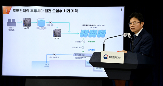 일본 후쿠시마 오염수 시찰단장인 유국희 원자력안전위원장이 오염수 처리 계획을 설명하고 있다. 문호남 기자