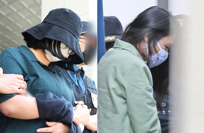또래 여성을 살해하고 시신을 유기한 혐의를 받는 정유정(23)이 2일 오전 부산 동래경찰서에서 나와 검찰로 송치되고 있다. 사진은 정유정(왼쪽)과 지난 2019년 전 남편을 살해한 고유정(40). 연합뉴스