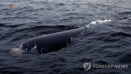 북한이 지난 4월 4∼7일 수중전략무기체계 폭파시험에 성공했다며 공개한 이른바 수중핵어뢰인 핵무인수중공격정 해일-2. 조선중앙TV 캡처