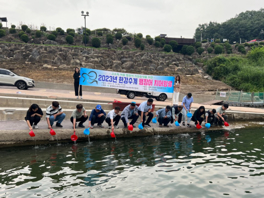 뱀장어 치어 방류 모습. 충북도 제공